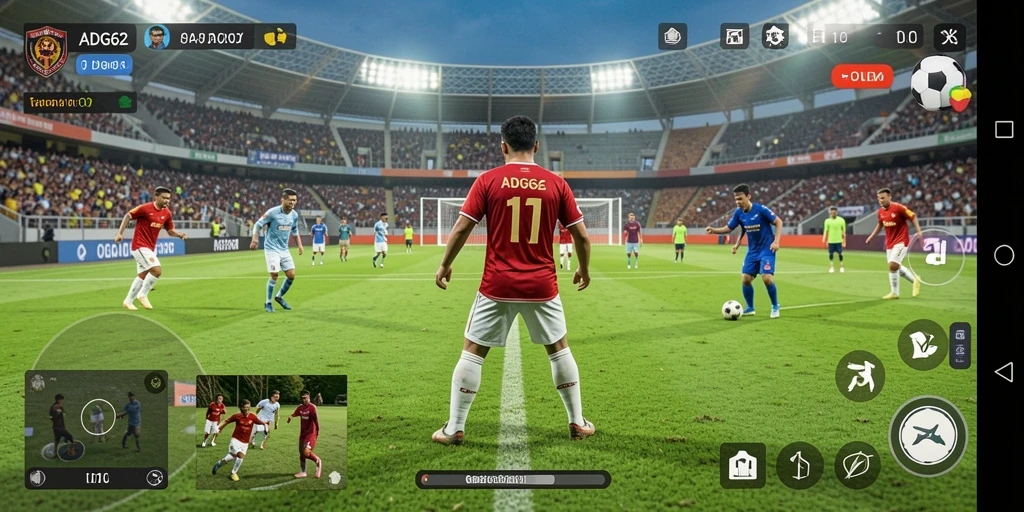 Tangkapan layar gameplay ADG62 dengan aksi sepak bola yang mendebarkan.