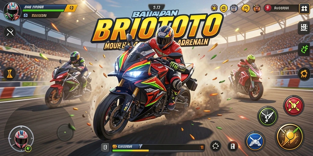 Gameplay BRIOTOTO yang mengasyikkan dengan balapan motor di trek yang menantang.