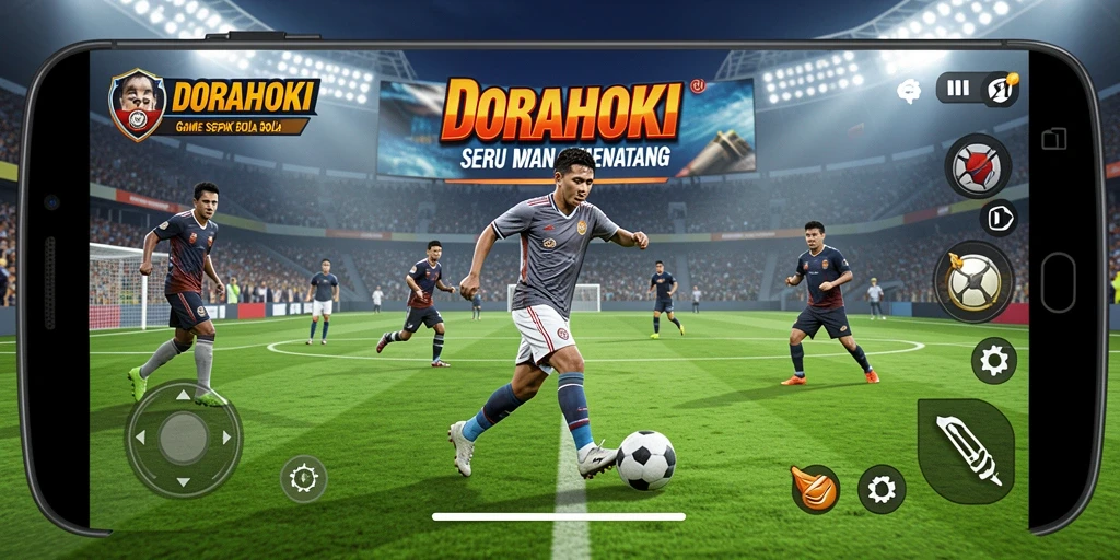 Tampilan gameplay DORAHOKI yang menegangkan di lapangan sepak bola.