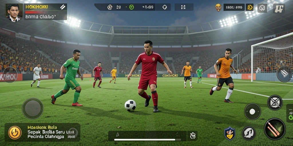 Tampilan gameplay HOKIHOKI dengan aksi sepak bola yang intens.