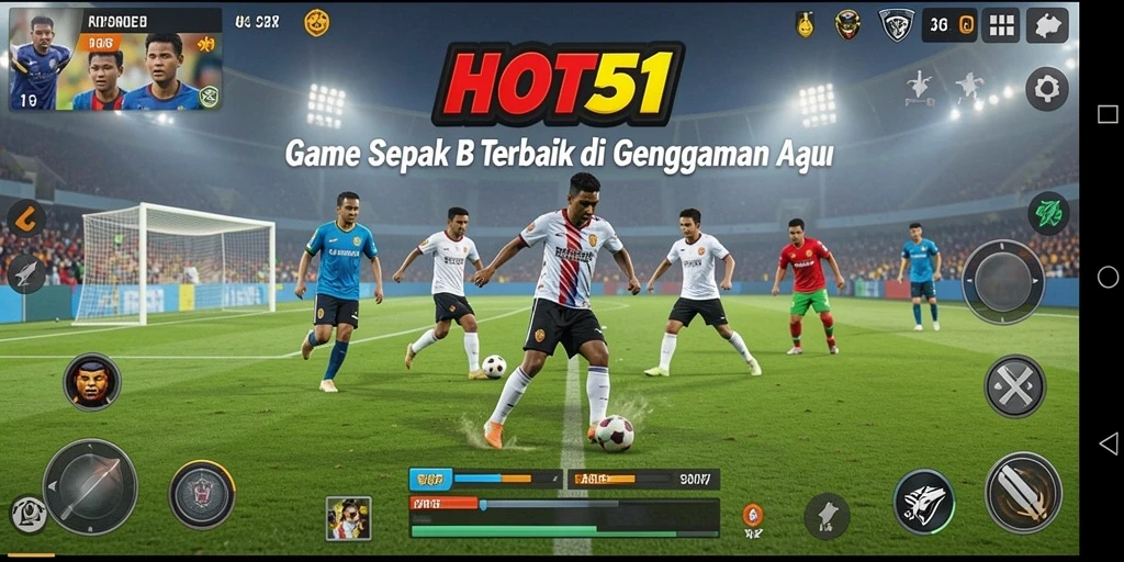Gameplay HOT51 yang menegangkan dengan aksi sepak bola seru.