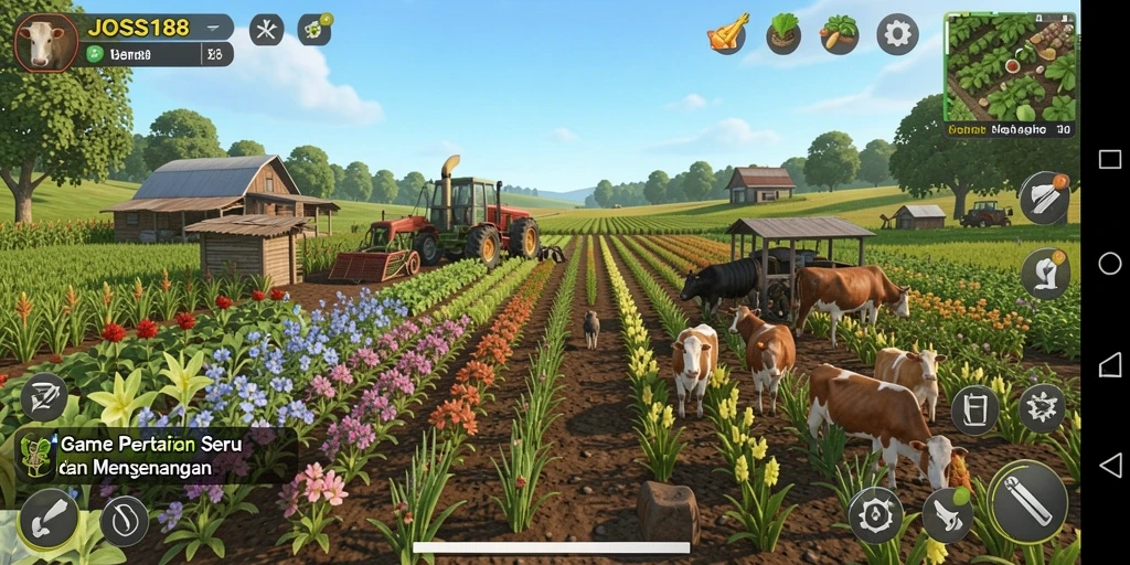 Screenshot gameplay JOSS188 menampilkan suasana berkebun yang ceria.