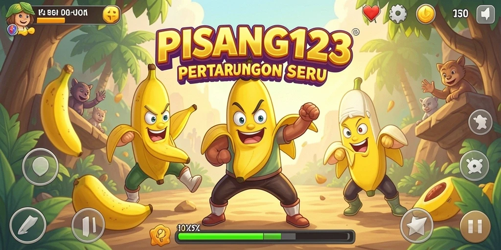 Tangkapan layar gameplay PISANG123 menampilkan pertarungan yang intens dan karakter yang berwarna.