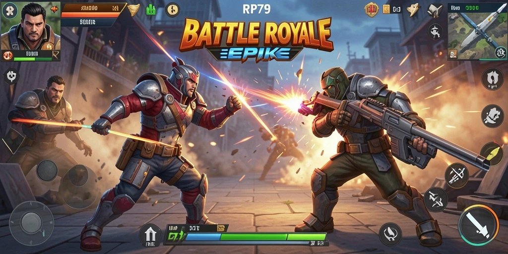 Tangkapan layar utama RP79 menampilkan aksi keras dalam permainan Battle Royale.