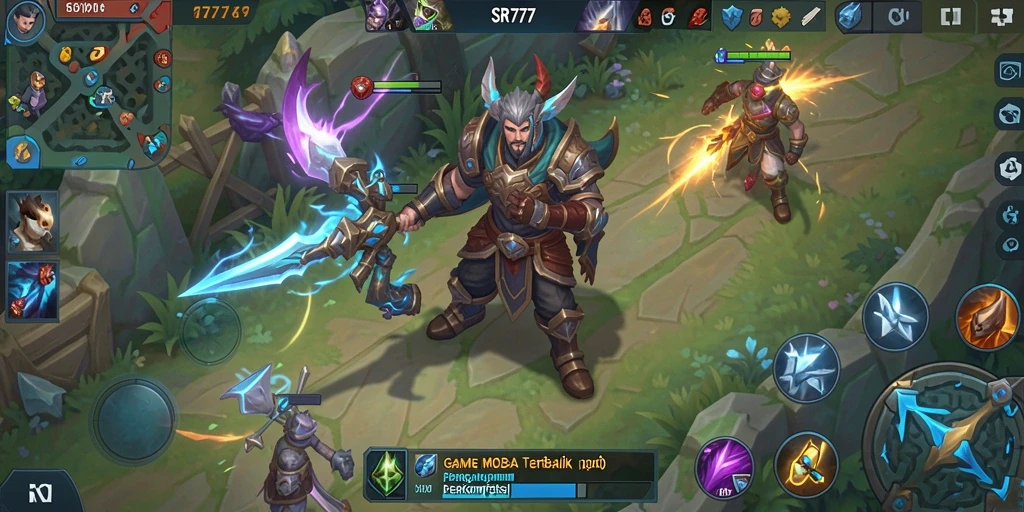 Gambar gameplay SR777 yang menampilkan aksi pertarungan tim di arena MOBA.